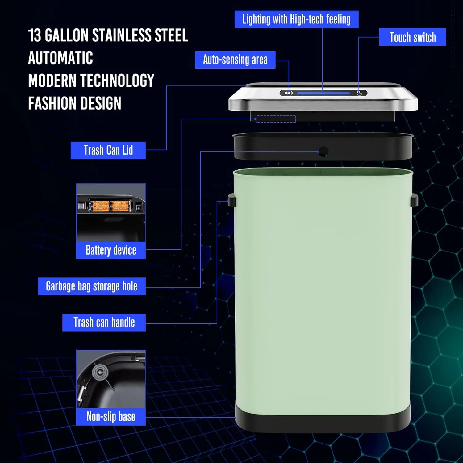 pouseayar 13 Gallon Smart Automatic Trash Can with Lid, Stainless Steel Thickened Body & Super Mute Sensor Lid with 30 Count Garbage Bags for Kitchen Office Bedroom Waste Bin and More - Blue