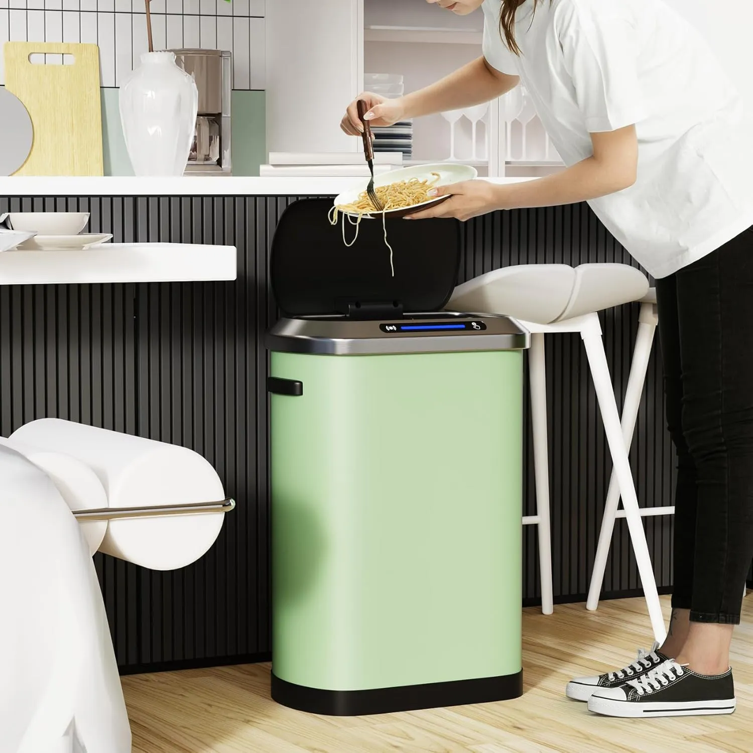 pouseayar 13 Gallon Smart Automatic Trash Can with Lid, Stainless Steel Thickened Body & Super Mute Sensor Lid with 30 Count Garbage Bags for Kitchen Office Bedroom Waste Bin and More - Blue