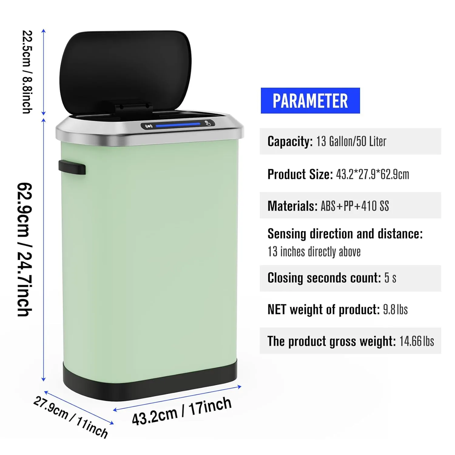 pouseayar 13 Gallon Smart Automatic Trash Can with Lid, Stainless Steel Thickened Body & Super Mute Sensor Lid with 30 Count Garbage Bags for Kitchen Office Bedroom Waste Bin and More - Blue