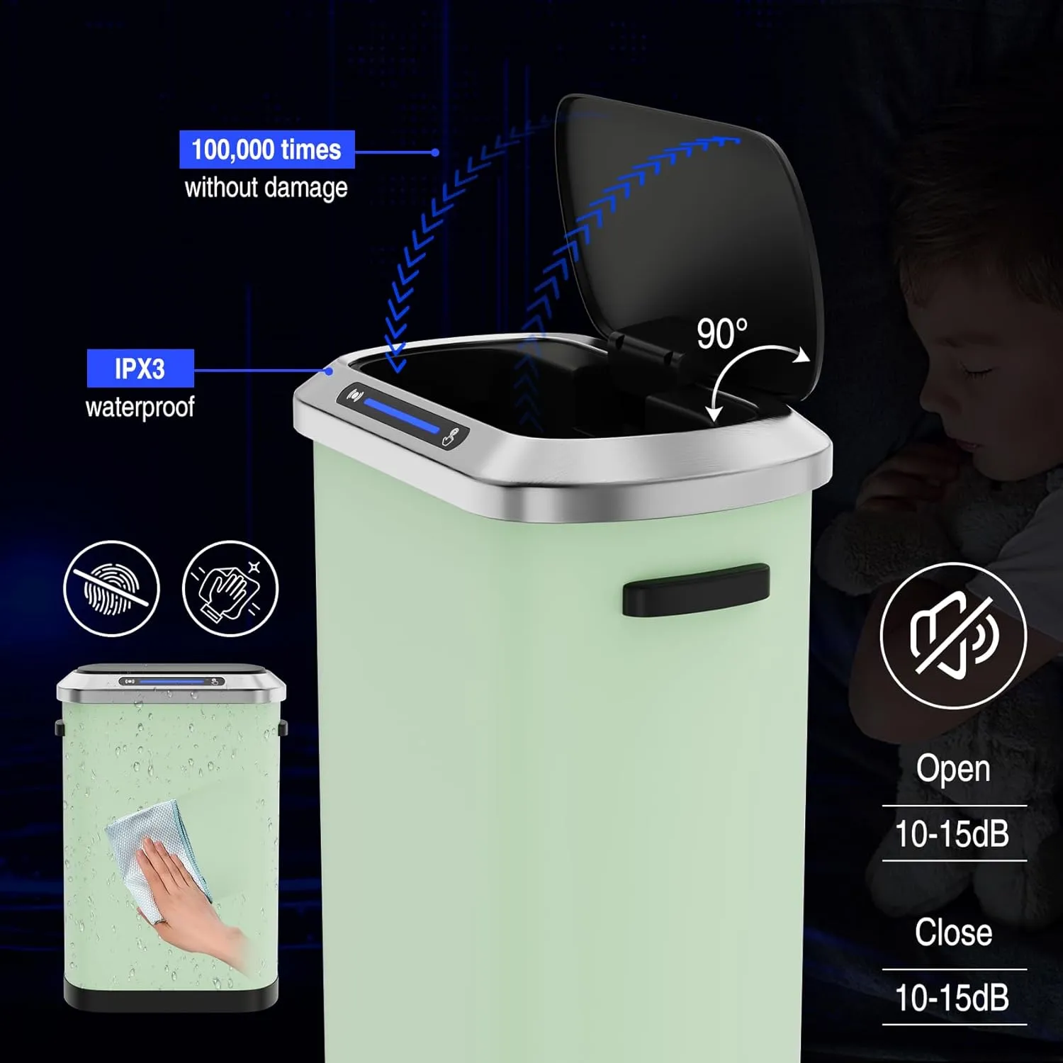 pouseayar 13 Gallon Smart Automatic Trash Can with Lid, Stainless Steel Thickened Body & Super Mute Sensor Lid with 30 Count Garbage Bags for Kitchen Office Bedroom Waste Bin and More - Blue