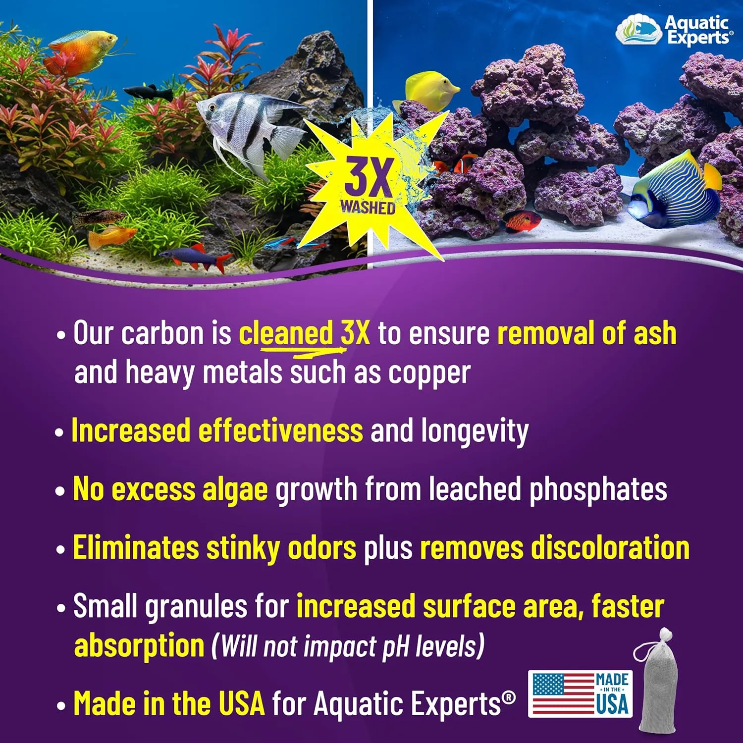 Premium Activated Carbon, Aquarium Carbon for Fish Tank Filter, Aquarium Filter Media, Granulated Charcoal for Fish Tanks, Activated Charcoal Bulk (3 lbs with 4 Fine Mesh Bags)