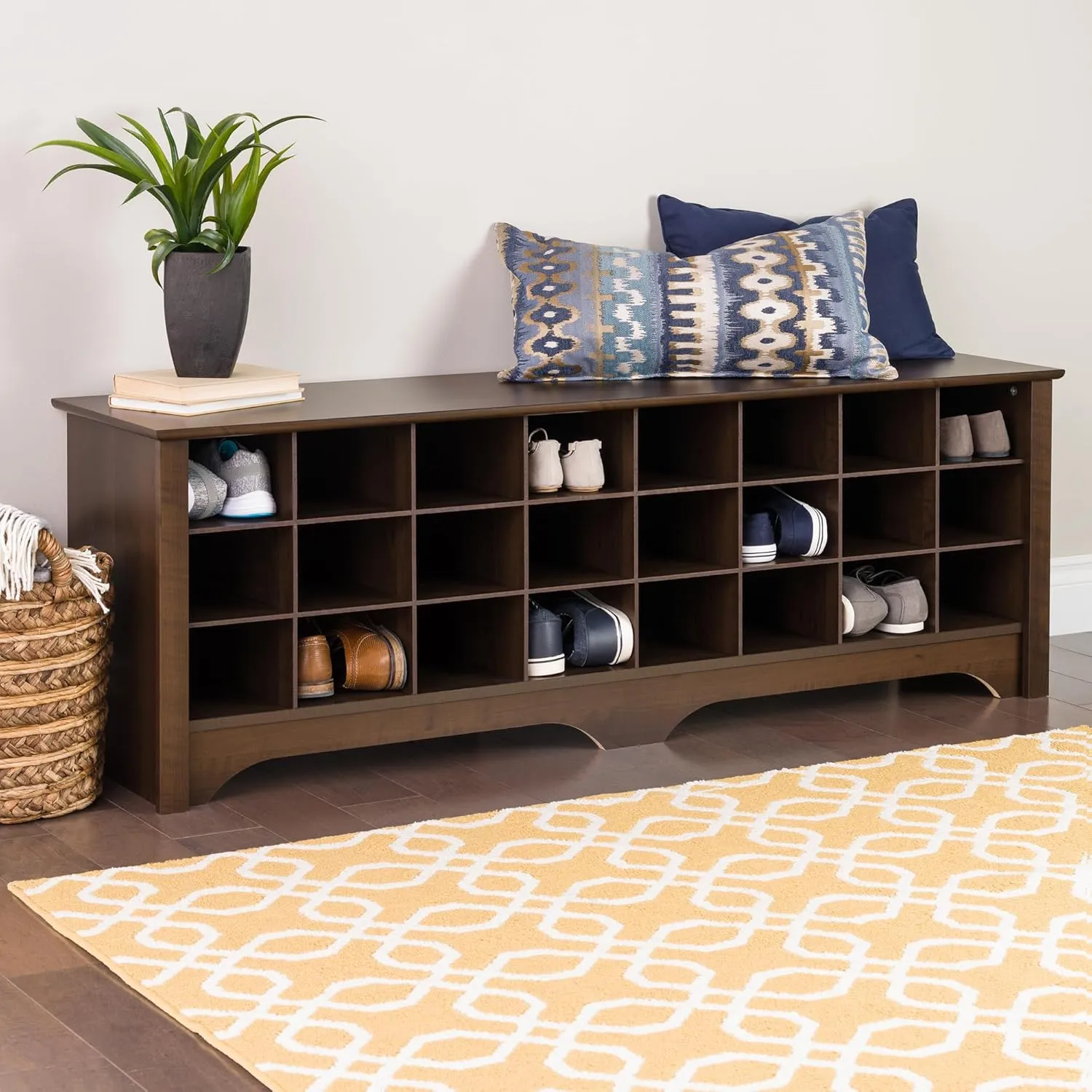 Prepac Cabinet Shoe Cubby Bench, 15.5"D x 60"W x 20.25"H, Brown