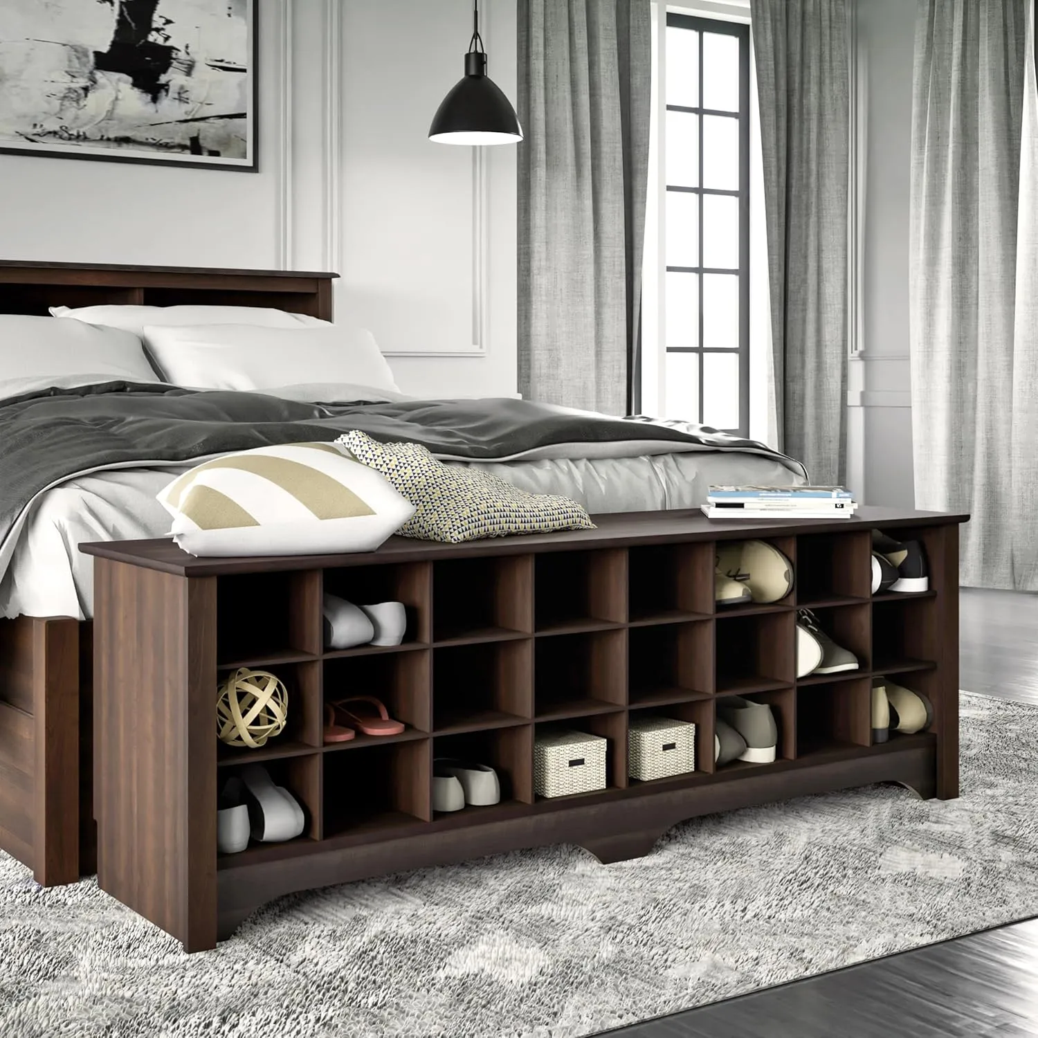 Prepac Cabinet Shoe Cubby Bench, 15.5"D x 60"W x 20.25"H, Brown