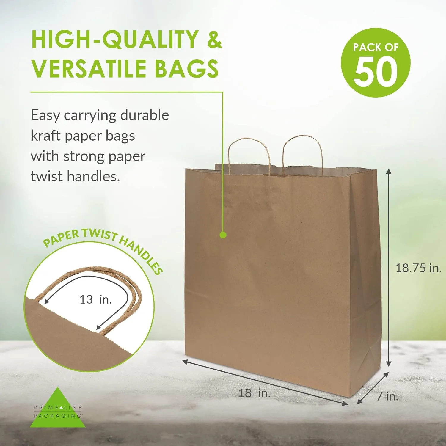 Prime Line Packaging Brown Paper Gift Bags, Extra Large Tote for Small Business, Shopping, Boutiques, Grocery, Retail Stores, Bulk, 18x7x18.75 50 Pack