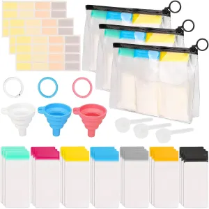 Protein Powder Travel Container Set, Reusable Powder Supplement Container to Go - 21pc Single Dose Bags and 3pc Large Travel Containers Zip Up Bags with Funnels, Spoons and Sheet Labels