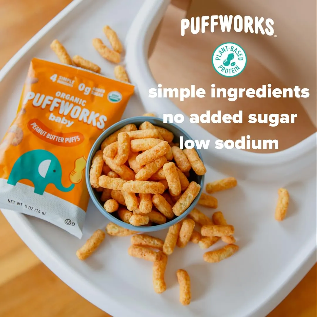 Puffworks Baby Organic Peanut Butter Puffs, Perfect for Early Peanut Introduction, Plant Protein, USDA Organic, Gluten-Free, Vegan, Non-GMO, Kosher, 1.0 Ounce (Pack of 6)