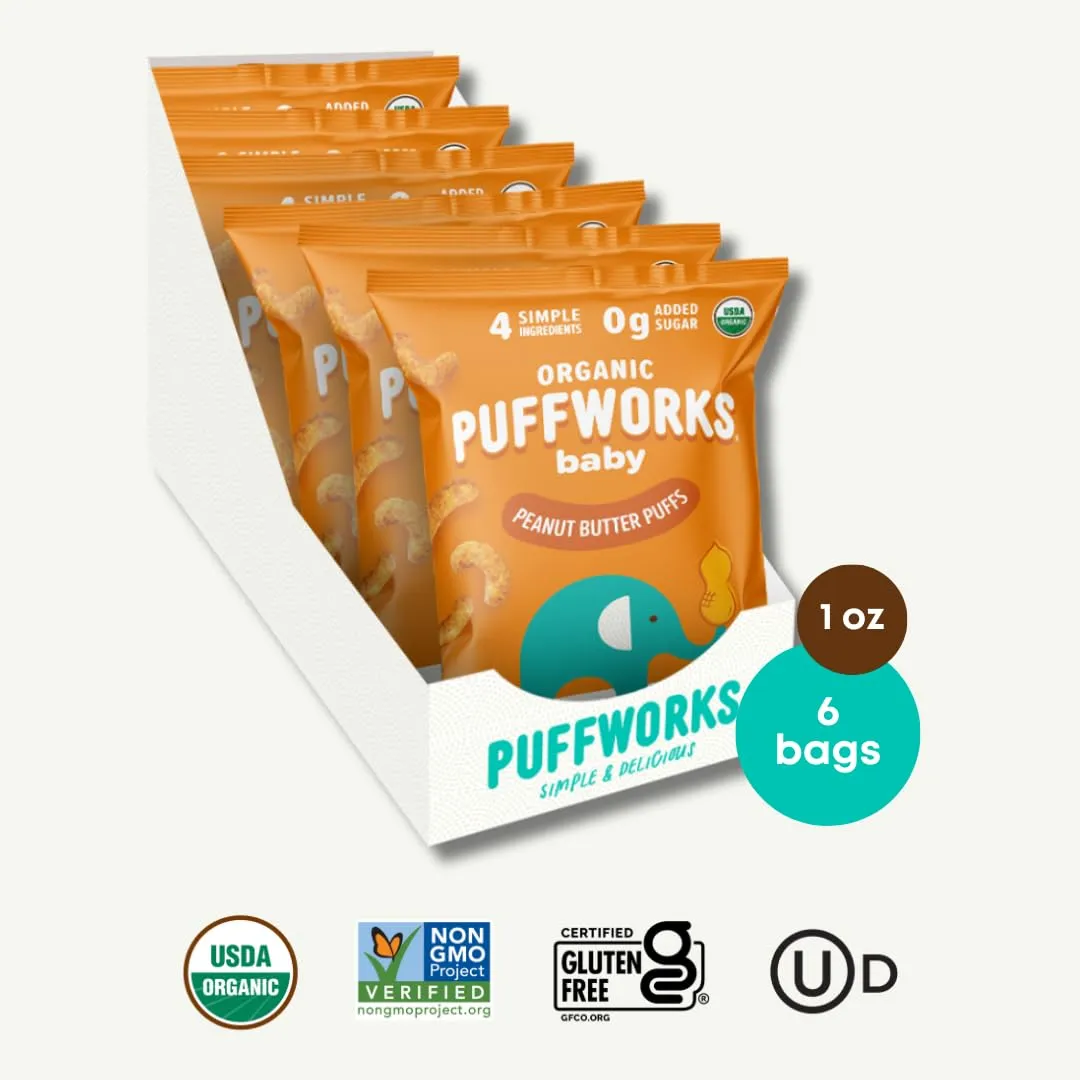 Puffworks Baby Organic Peanut Butter Puffs, Perfect for Early Peanut Introduction, Plant Protein, USDA Organic, Gluten-Free, Vegan, Non-GMO, Kosher, 1.0 Ounce (Pack of 6)