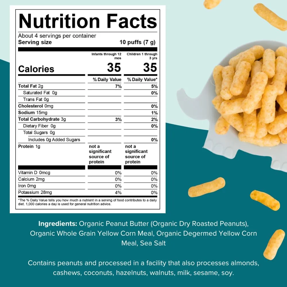Puffworks Baby Organic Peanut Butter Puffs, Perfect for Early Peanut Introduction, Plant Protein, USDA Organic, Gluten-Free, Vegan, Non-GMO, Kosher, 1.0 Ounce (Pack of 6)
