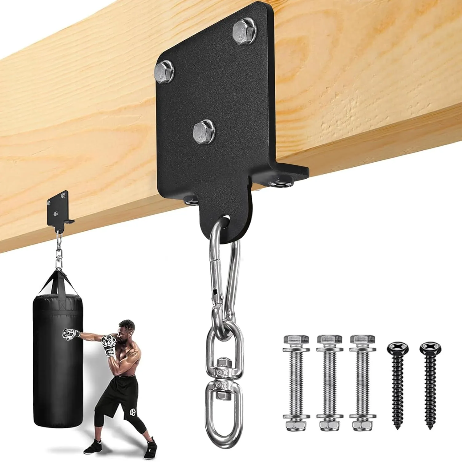 Punching Bag Hanger Heavy Duty Beam Mount for Heavy Bag 360° Rotation Ceiling Mount Bracket Wood Beam Hook with Spring Ideal for Boxing Muay Thai Aerial Yoga and Home Gym Training