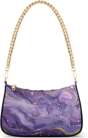 Purple Dream Marble Shoulder Handbags for Women Travel Hobo Tote Handbag Women Gold Chain Shoulder Bags Purse with Zipper Closure