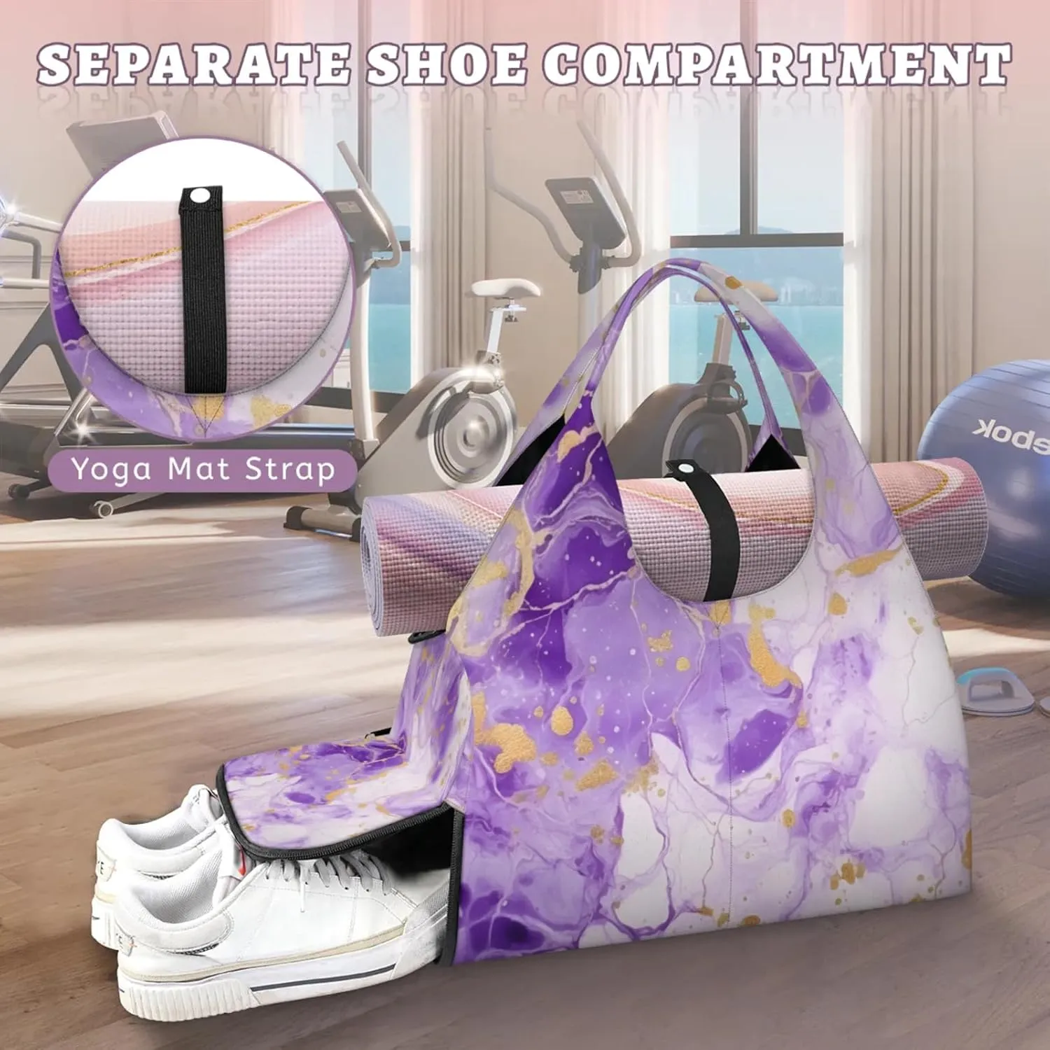 Purple Marble Paper Gym Bag Yoga Mat Tote for Women with Shoes Compartment Lightweight Duffle Travel Carrier Wet Dry Storage Pockets Adjustable Pilates Mats Shoulder Bags for Sport Swim