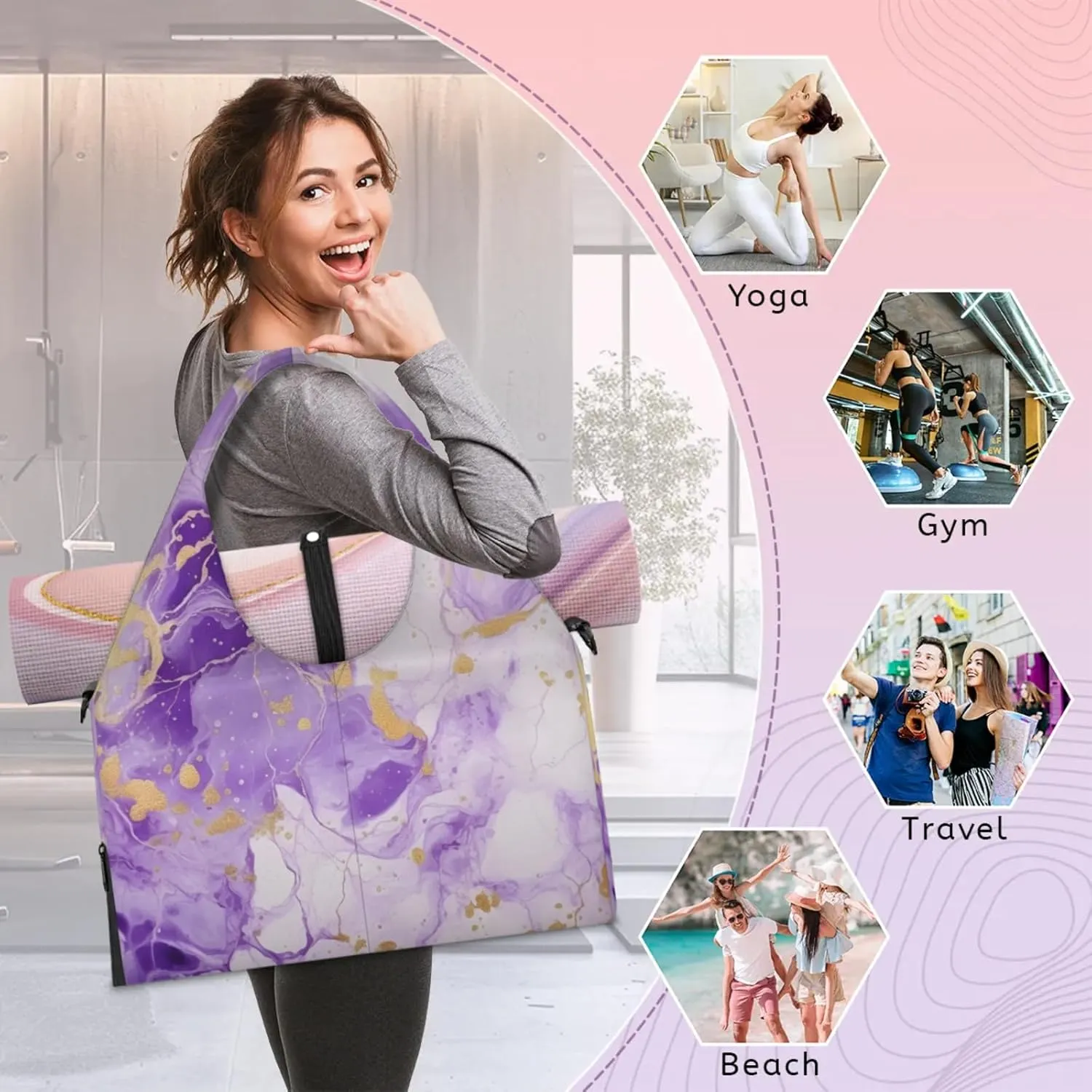 Purple Marble Paper Gym Bag Yoga Mat Tote for Women with Shoes Compartment Lightweight Duffle Travel Carrier Wet Dry Storage Pockets Adjustable Pilates Mats Shoulder Bags for Sport Swim