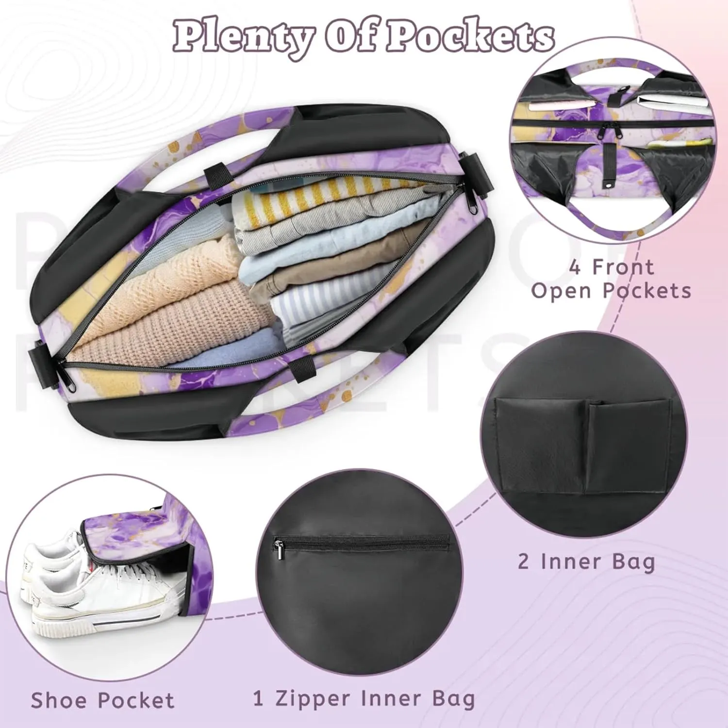 Purple Marble Paper Gym Bag Yoga Mat Tote for Women with Shoes Compartment Lightweight Duffle Travel Carrier Wet Dry Storage Pockets Adjustable Pilates Mats Shoulder Bags for Sport Swim