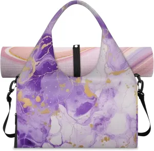 Purple Marble Paper Gym Bag Yoga Mat Tote for Women with Shoes Compartment Lightweight Duffle Travel Carrier Wet Dry Storage Pockets Adjustable Pilates Mats Shoulder Bags for Sport Swim