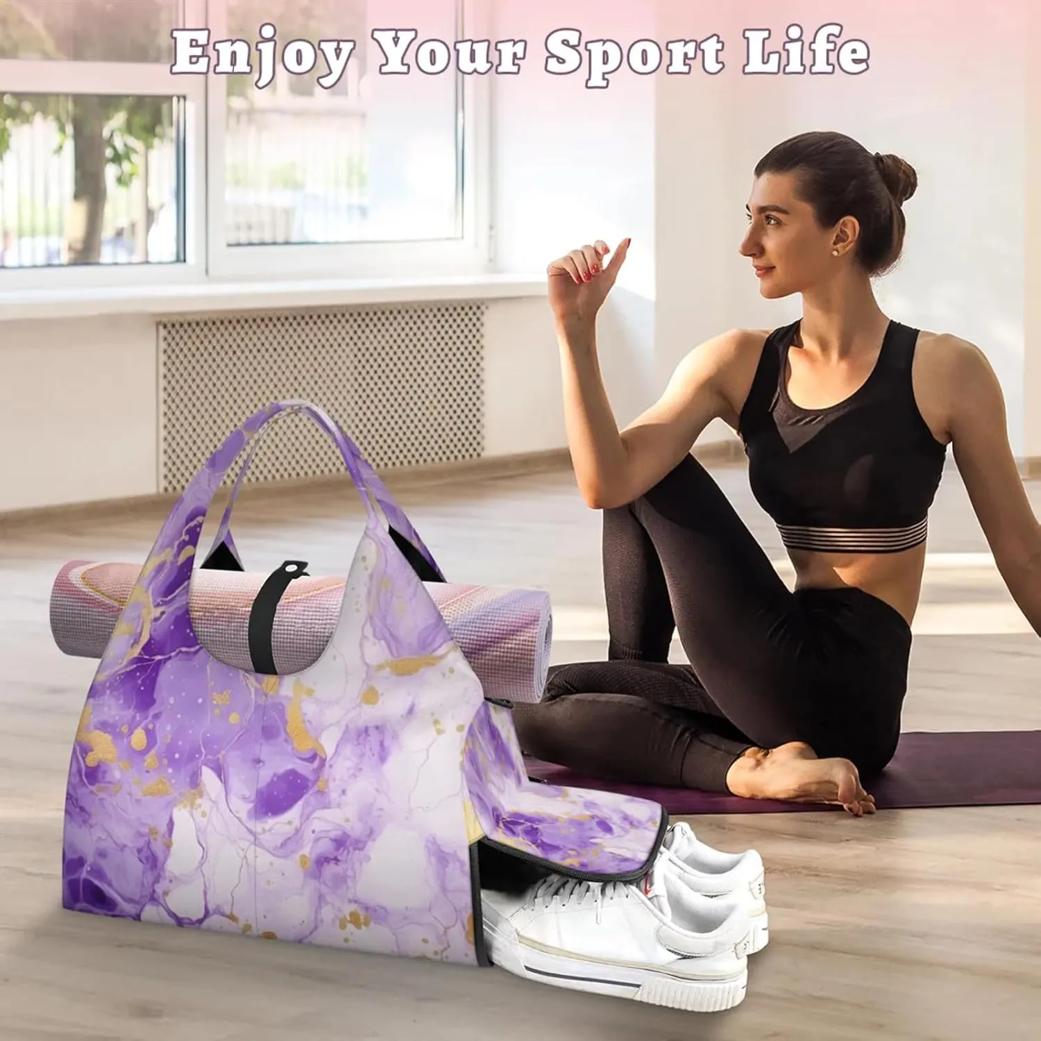 Purple Marble Paper Gym Bag Yoga Mat Tote for Women with Shoes Compartment Lightweight Duffle Travel Carrier Wet Dry Storage Pockets Adjustable Pilates Mats Shoulder Bags for Sport Swim