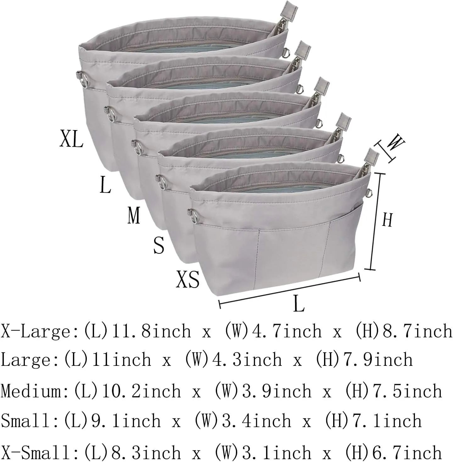 Purse Organizer Insert for Handbags, Nylon Tote Bag Organizer Insert Zipper Bag for Women Grey X-Small