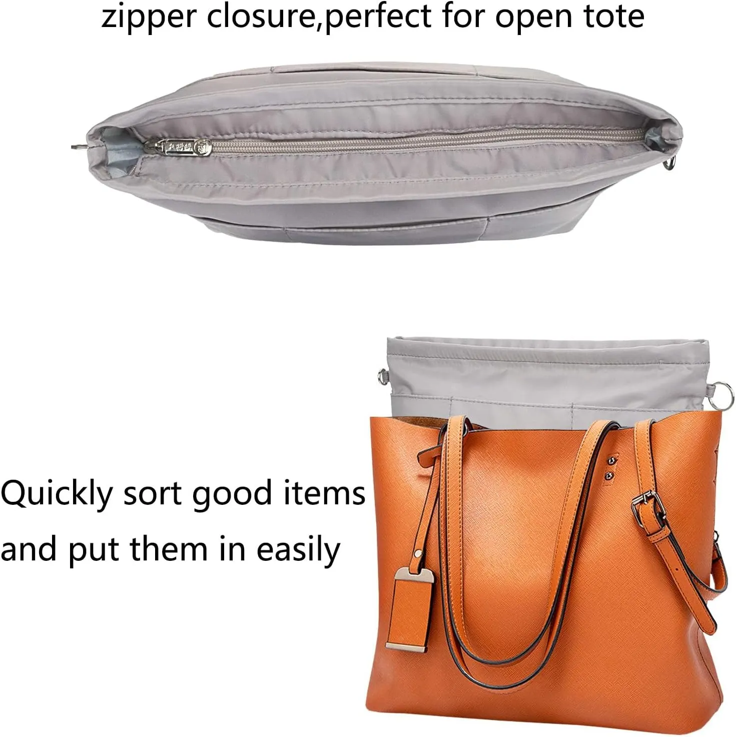 Purse Organizer Insert for Handbags, Nylon Tote Bag Organizer Insert Zipper Bag for Women Grey X-Small