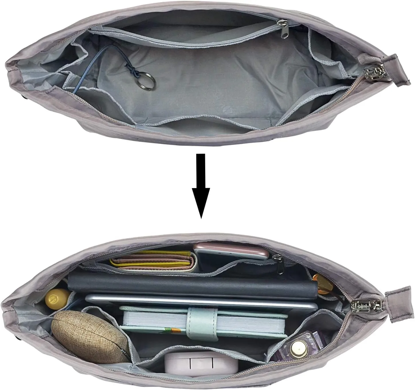Purse Organizer Insert for Handbags, Nylon Tote Bag Organizer Insert Zipper Bag for Women Grey X-Small