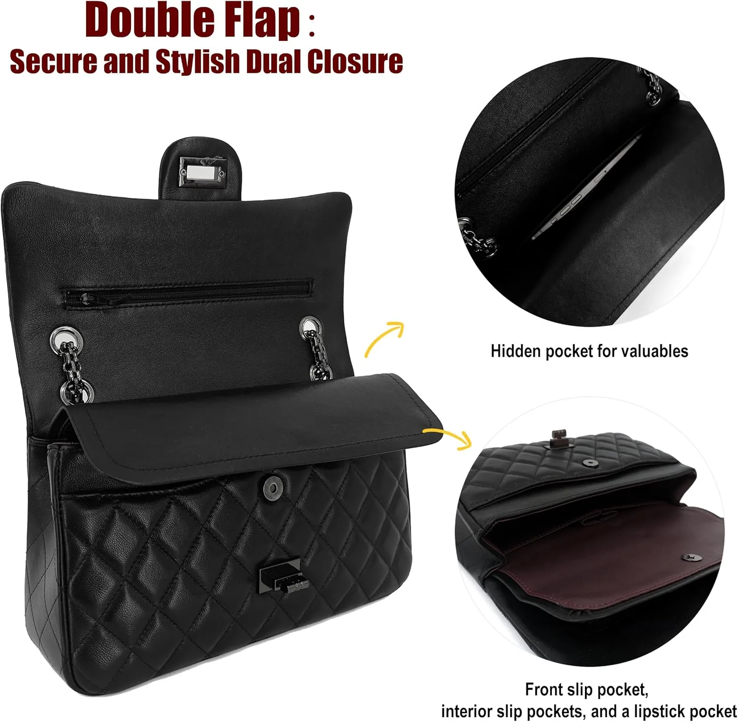 Quilted Leather Crossbody Bags for Women,Soft Lambskin Adjustable Double Chain Strap Shoulder Bag,Designer Flap Purse