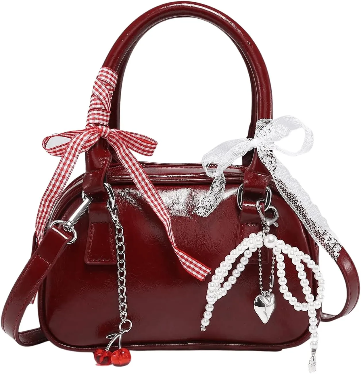 QWINEE Women's Y2K Cherry Pearl Crossbody Bags Cute Bow Clutch Purse Square Bag Top Handle Faux PU Leather Handbags