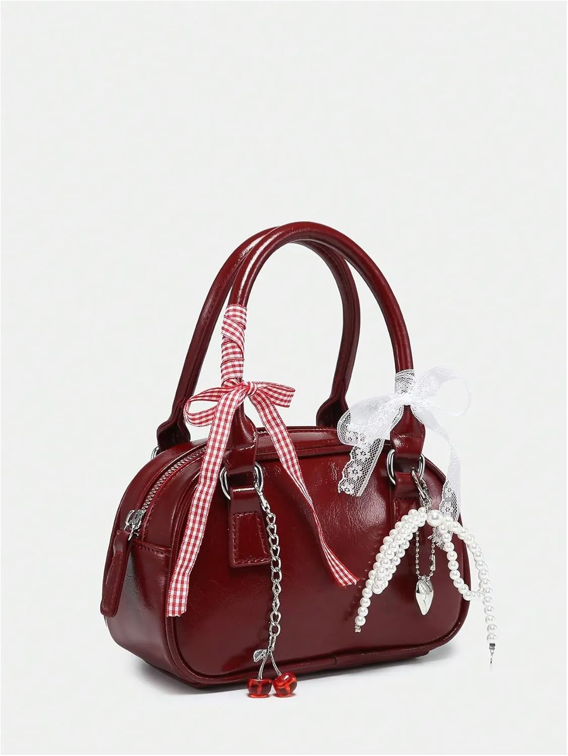 QWINEE Women's Y2K Cherry Pearl Crossbody Bags Cute Bow Clutch Purse Square Bag Top Handle Faux PU Leather Handbags