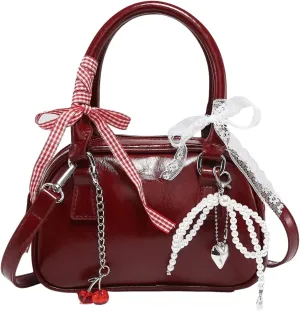 QWINEE Women's Y2K Cherry Pearl Crossbody Bags Cute Bow Clutch Purse Square Bag Top Handle Faux PU Leather Handbags