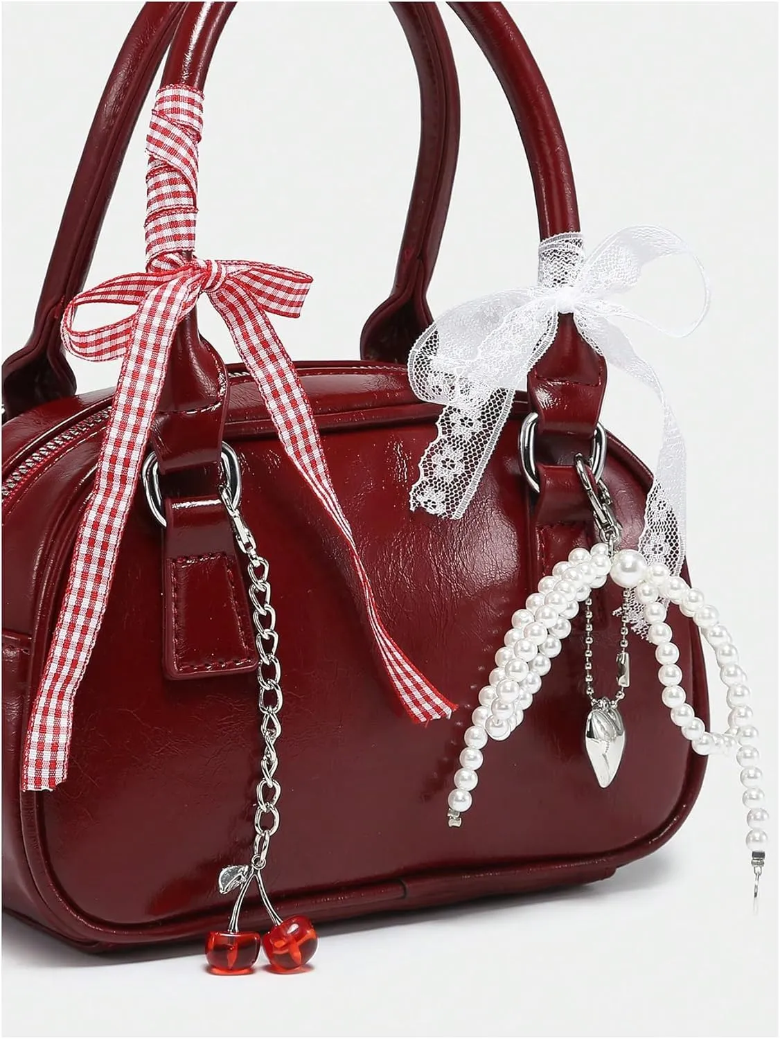 QWINEE Women's Y2K Cherry Pearl Crossbody Bags Cute Bow Clutch Purse Square Bag Top Handle Faux PU Leather Handbags