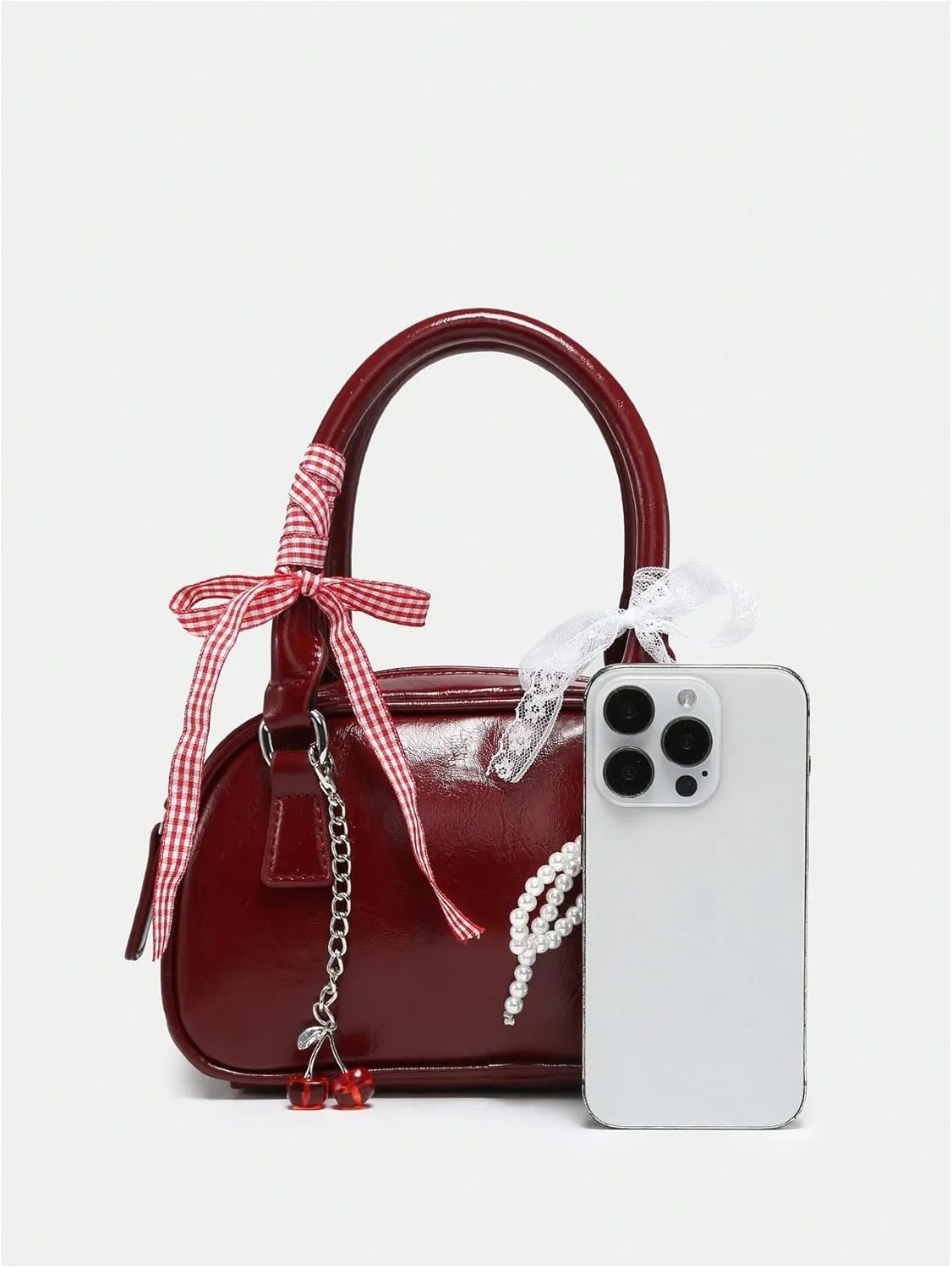 QWINEE Women's Y2K Cherry Pearl Crossbody Bags Cute Bow Clutch Purse Square Bag Top Handle Faux PU Leather Handbags