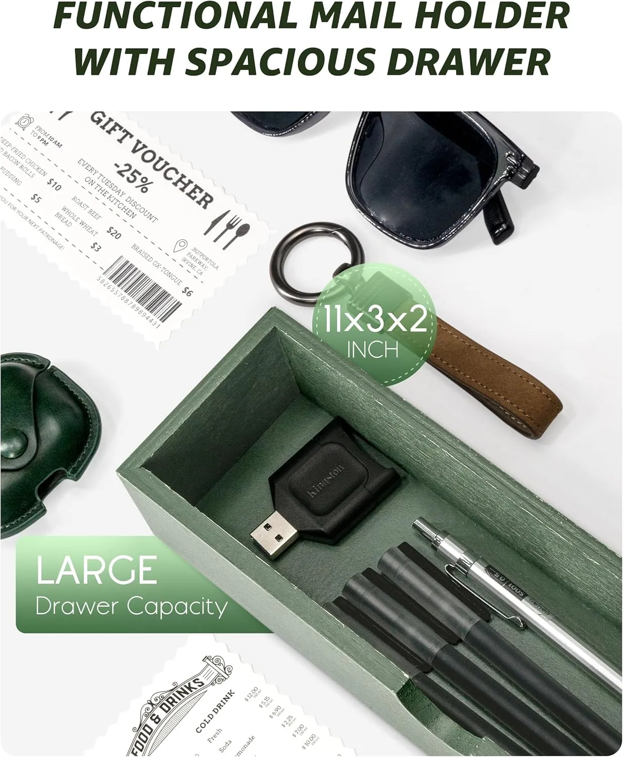 Rebee Vision Pine Wood Mail and Key Organizer for Wall – Farmhouse Mail Organizer Wall Mounted with 7 Sturdy Hooks & Drawer Storage – Apartment Essentials for Stylish Home Decor (Green)