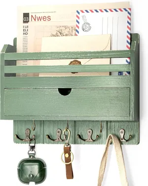 Rebee Vision Pine Wood Mail and Key Organizer for Wall – Farmhouse Mail Organizer Wall Mounted with 7 Sturdy Hooks & Drawer Storage – Apartment Essentials for Stylish Home Decor (Green)