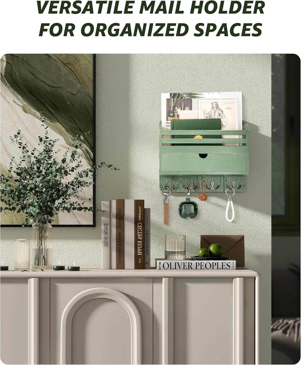 Rebee Vision Pine Wood Mail and Key Organizer for Wall – Farmhouse Mail Organizer Wall Mounted with 7 Sturdy Hooks & Drawer Storage – Apartment Essentials for Stylish Home Decor (Green)