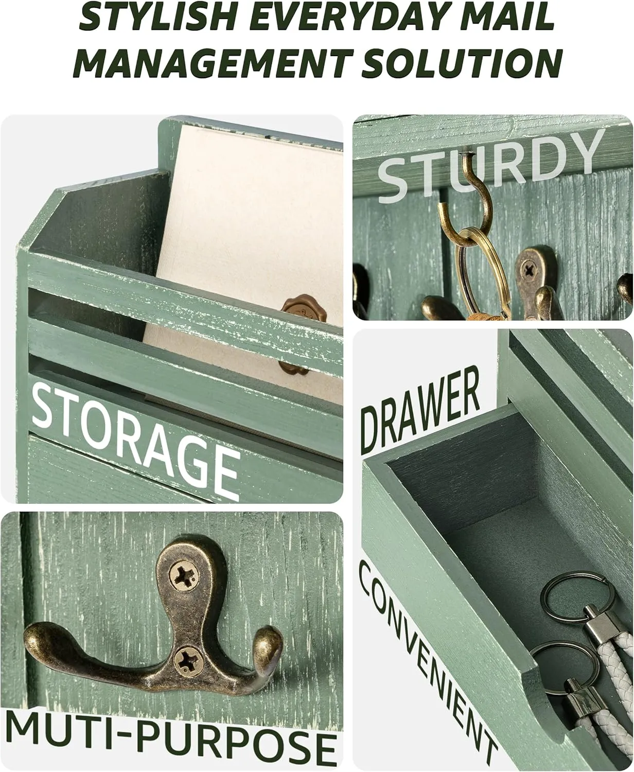 Rebee Vision Pine Wood Mail and Key Organizer for Wall – Farmhouse Mail Organizer Wall Mounted with 7 Sturdy Hooks & Drawer Storage – Apartment Essentials for Stylish Home Decor (Green)