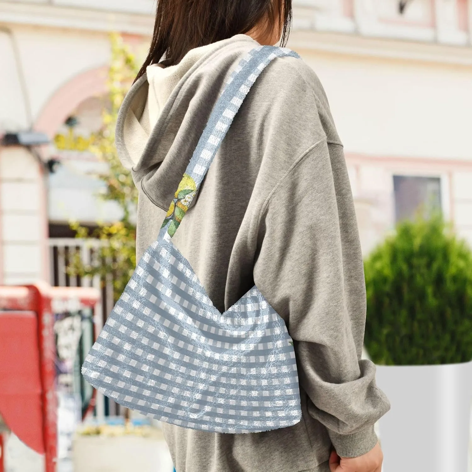 Red Beige Tricolor Premium Gray Watercolor Plush Bag, Women Handbag, Shoulder Handbag Women
