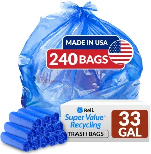 Reli. SuperValue 33 Gallon Recycling Bags (240 Count, Bulk) Made in the USA - Blue Trash Bags, 30-33 Gallon | Blue Recycling, Garbage | 33Gal with 30Gal, 33Gal, 35Gal Capacity