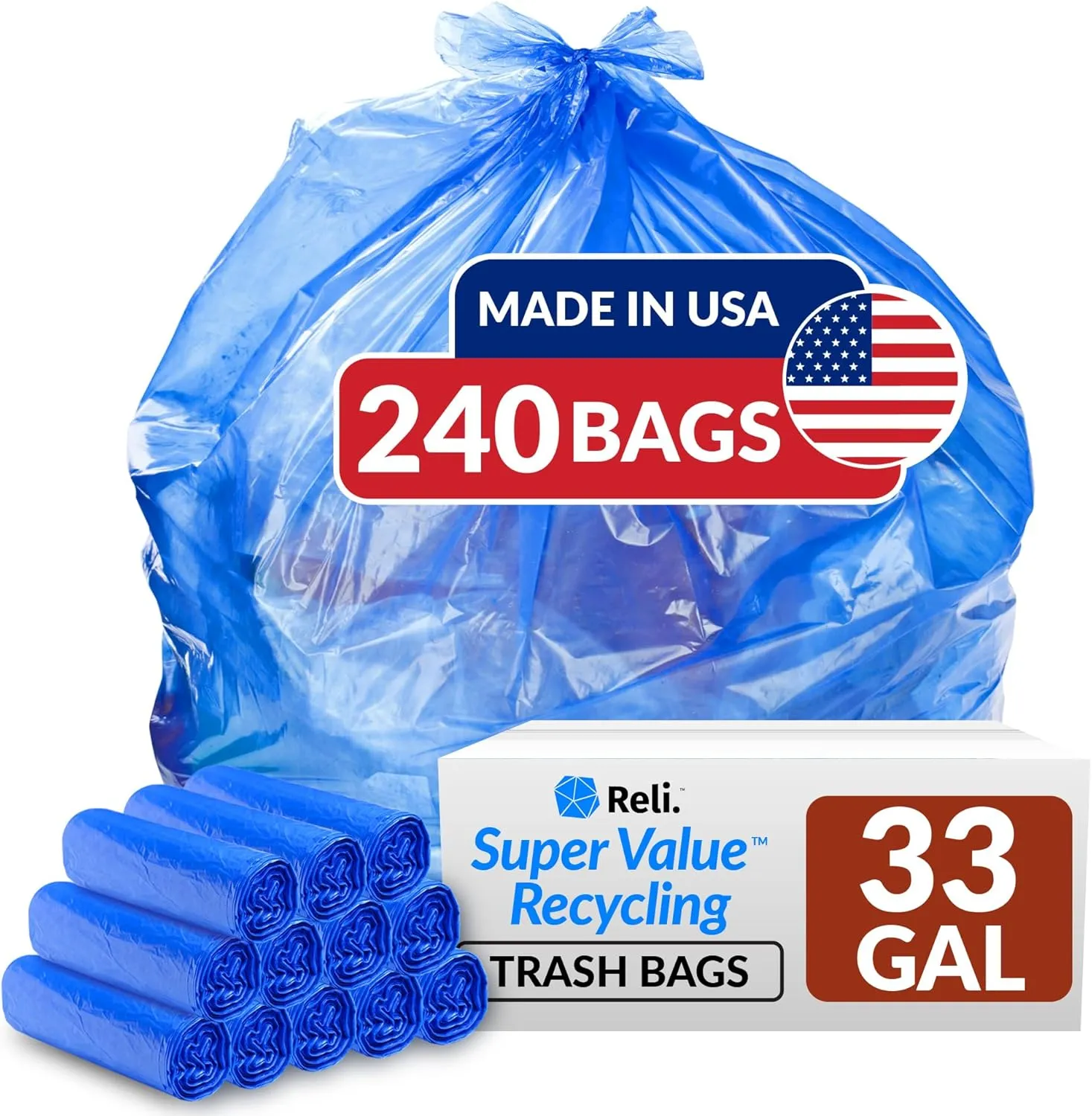 Reli. SuperValue 33 Gallon Recycling Bags (240 Count, Bulk) Made in the USA - Blue Trash Bags, 30-33 Gallon | Blue Recycling, Garbage | 33Gal with 30Gal, 33Gal, 35Gal Capacity