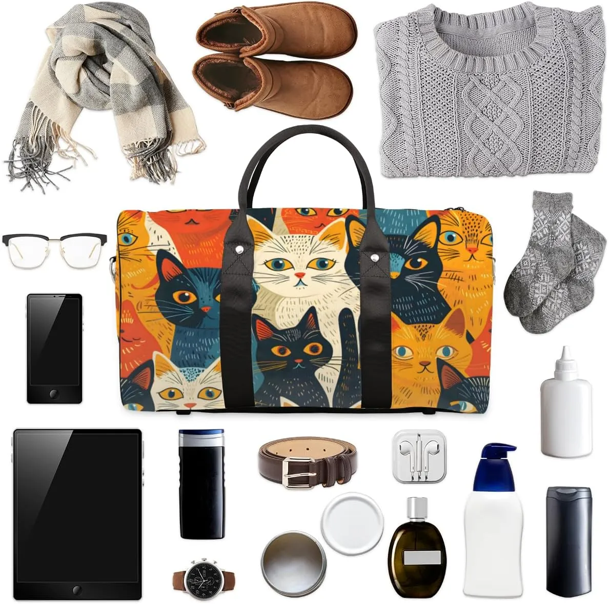 Retro Boho Cat Travel Duffle Bag for Women Men Gym Duffel Foldable Bag Waterproof Weekender Vintage Rustic Duffle Tote