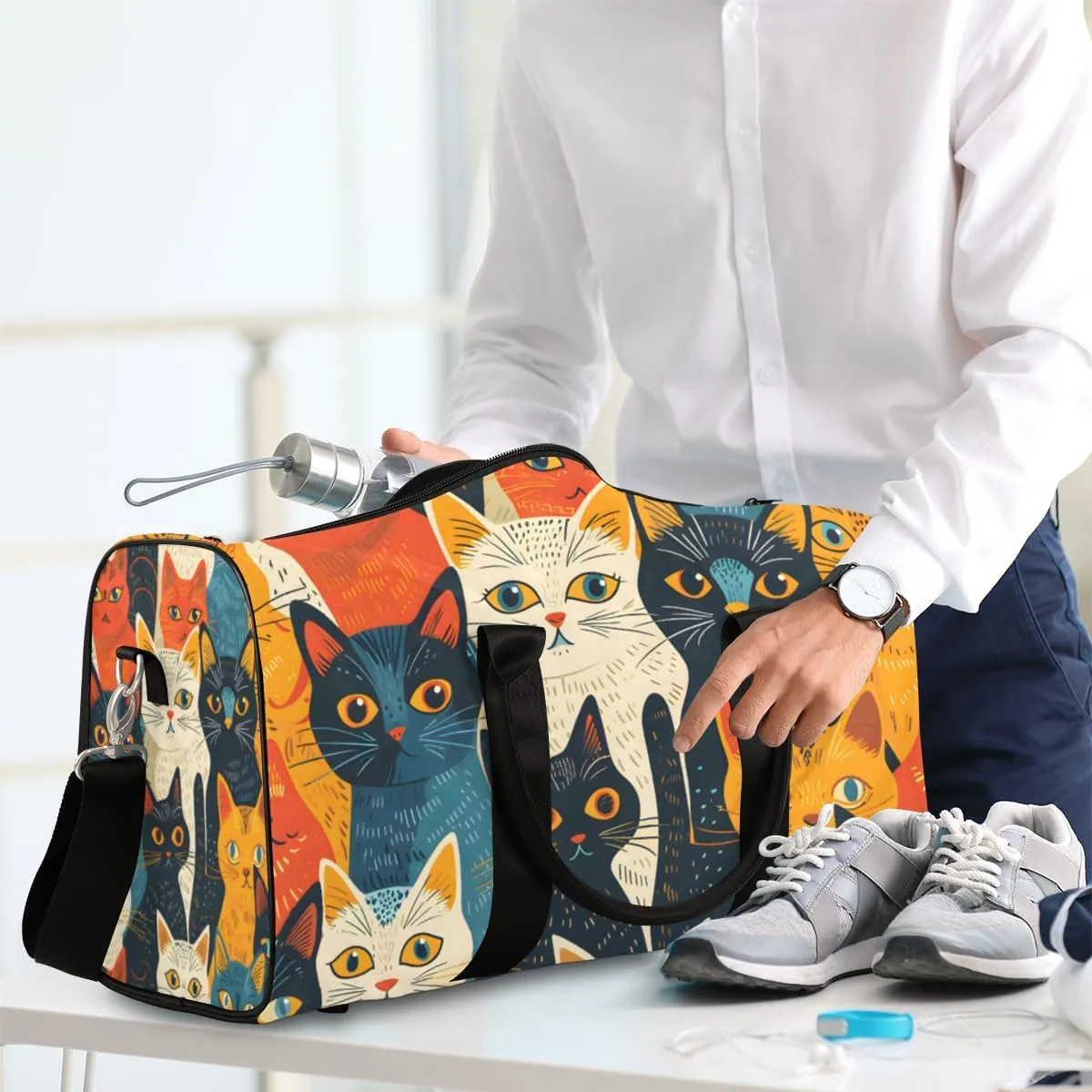 Retro Boho Cat Travel Duffle Bag for Women Men Gym Duffel Foldable Bag Waterproof Weekender Vintage Rustic Duffle Tote