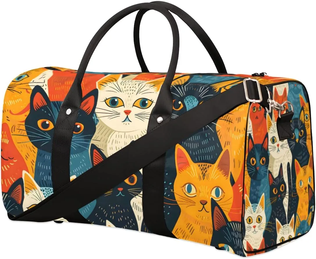 Retro Boho Cat Travel Duffle Bag for Women Men Gym Duffel Foldable Bag Waterproof Weekender Vintage Rustic Duffle Tote