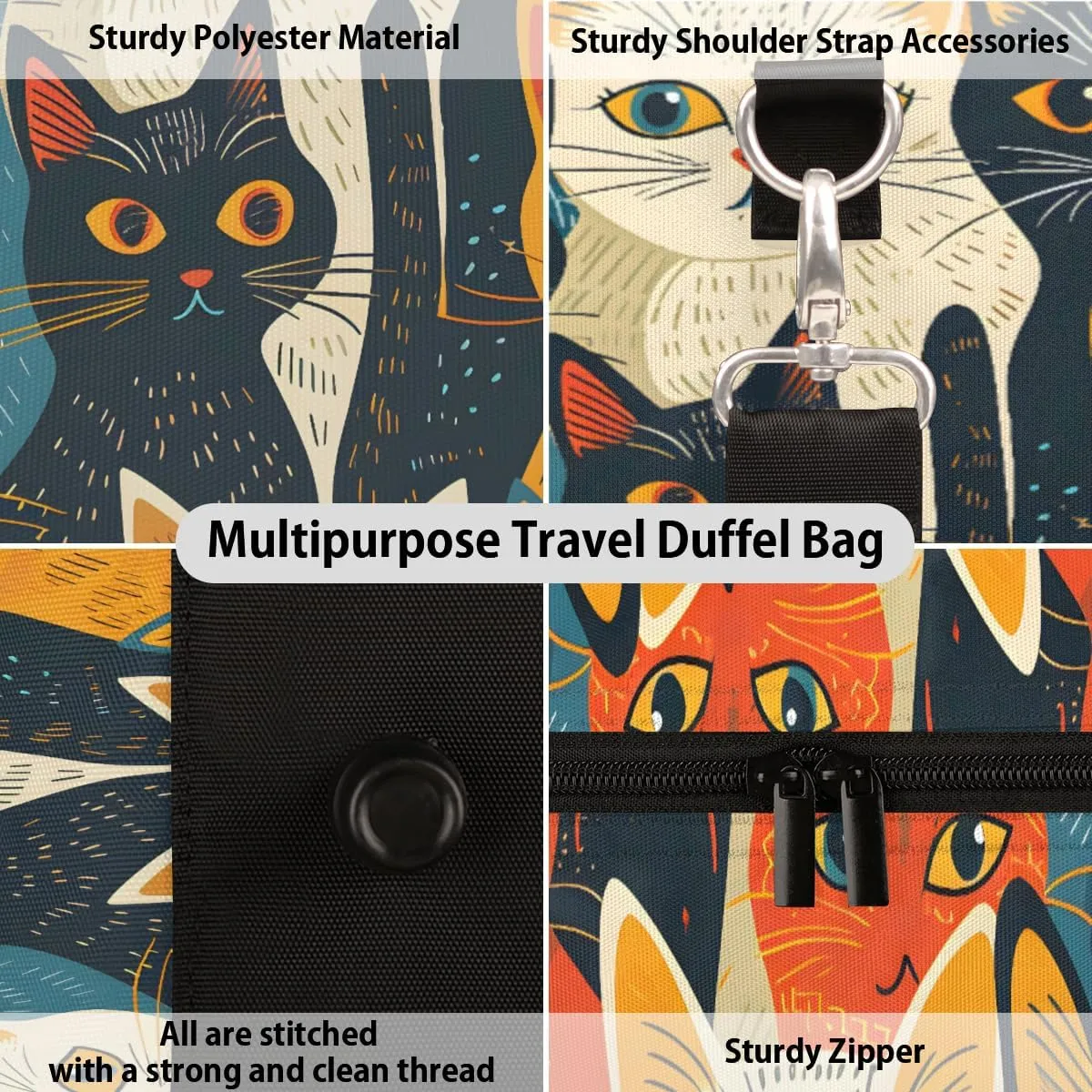Retro Boho Cat Travel Duffle Bag for Women Men Gym Duffel Foldable Bag Waterproof Weekender Vintage Rustic Duffle Tote