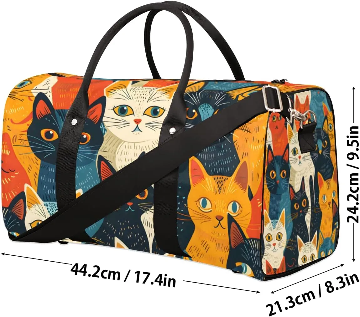 Retro Boho Cat Travel Duffle Bag for Women Men Gym Duffel Foldable Bag Waterproof Weekender Vintage Rustic Duffle Tote
