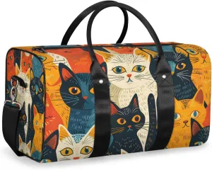 Retro Boho Cat Travel Duffle Bag for Women Men Gym Duffel Foldable Bag Waterproof Weekender Vintage Rustic Duffle Tote
