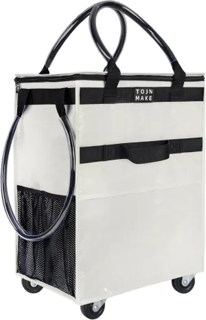 Reusable Grocery Bag On Wheels, Shopping Trolley, Rolling Tote with 8 Pockets and Zipper Cover, Foldable, Heavy Duty Handles, Carries Up to 46 LBS (Medium, Beige)