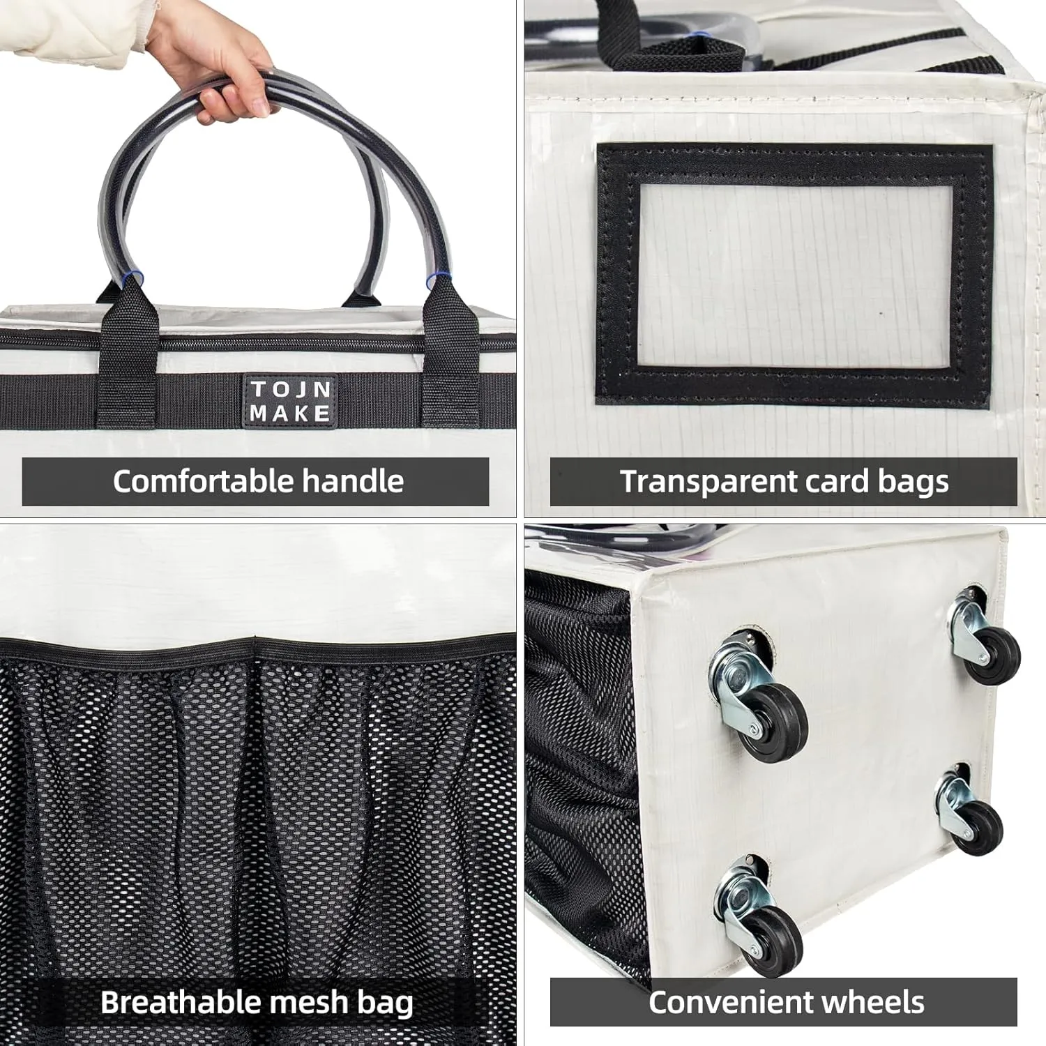 Reusable Grocery Bag On Wheels, Shopping Trolley, Rolling Tote with 8 Pockets and Zipper Cover, Foldable, Heavy Duty Handles, Carries Up to 46 LBS (Medium, Beige)