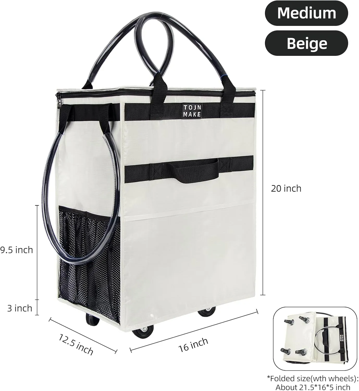 Reusable Grocery Bag On Wheels, Shopping Trolley, Rolling Tote with 8 Pockets and Zipper Cover, Foldable, Heavy Duty Handles, Carries Up to 46 LBS (Medium, Beige)