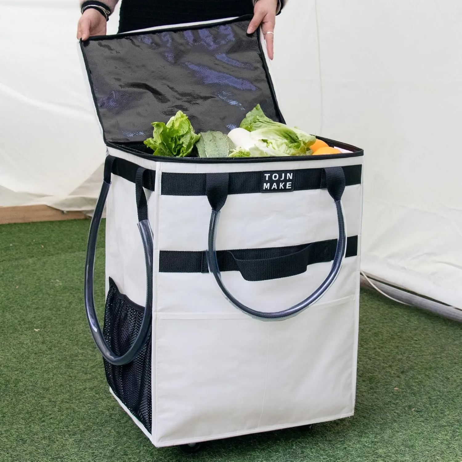 Reusable Grocery Bag On Wheels, Shopping Trolley, Rolling Tote with 8 Pockets and Zipper Cover, Foldable, Heavy Duty Handles, Carries Up to 46 LBS (Medium, Beige)