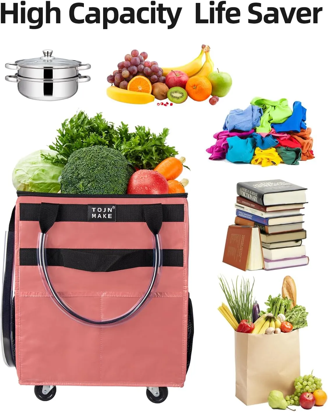 Reusable Grocery Bag On Wheels Shopping Trolley with 8 Pockets and Zipper Cover Foldable Rolling Tote, Heavy Duty Handles, Carries Up to 22 LBS (Small, Pink)