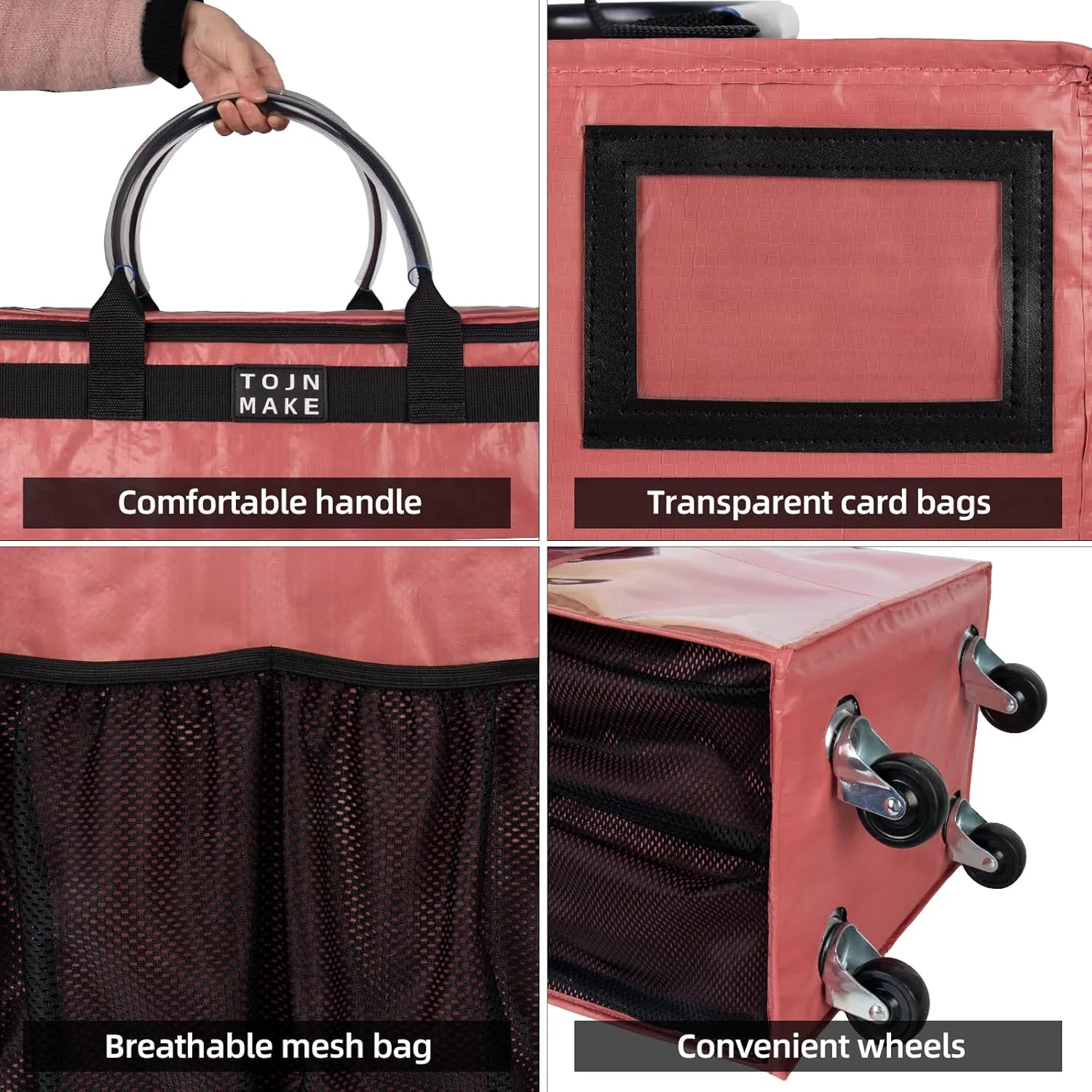 Reusable Grocery Bag On Wheels Shopping Trolley with 8 Pockets and Zipper Cover Foldable Rolling Tote, Heavy Duty Handles, Carries Up to 66 LBS (Large, Pink)