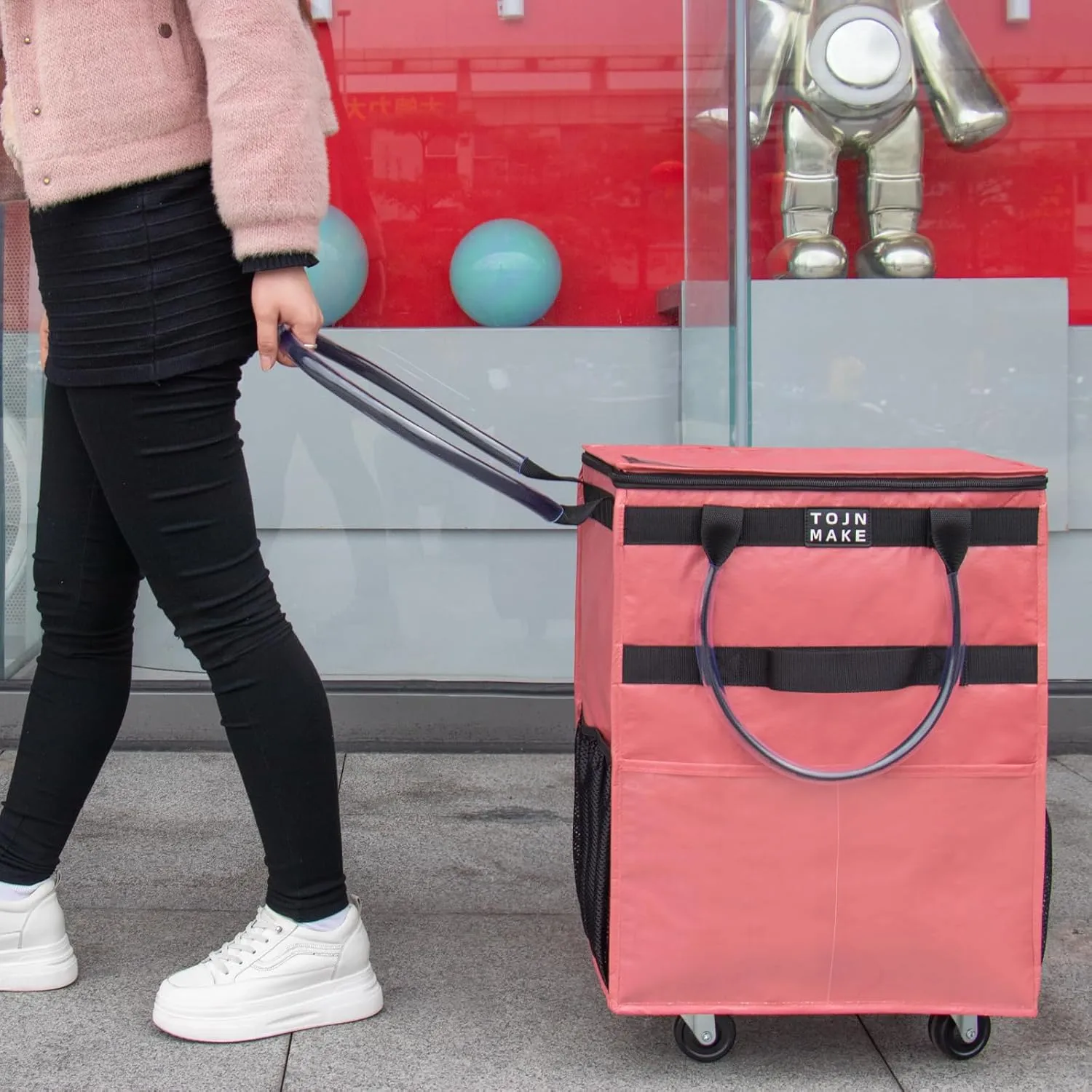 Reusable Grocery Bag On Wheels Shopping Trolley with 8 Pockets and Zipper Cover Foldable Rolling Tote, Heavy Duty Handles, Carries Up to 66 LBS (Large, Pink)