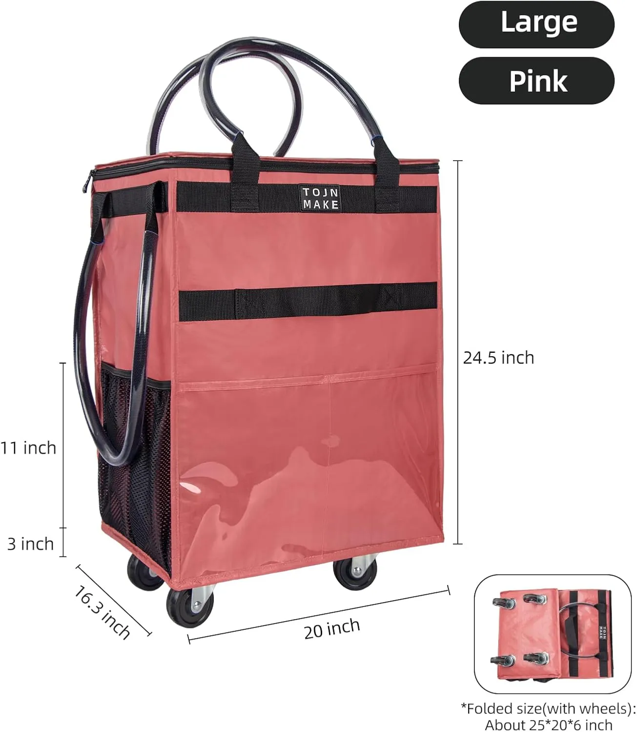 Reusable Grocery Bag On Wheels Shopping Trolley with 8 Pockets and Zipper Cover Foldable Rolling Tote, Heavy Duty Handles, Carries Up to 66 LBS (Large, Pink)