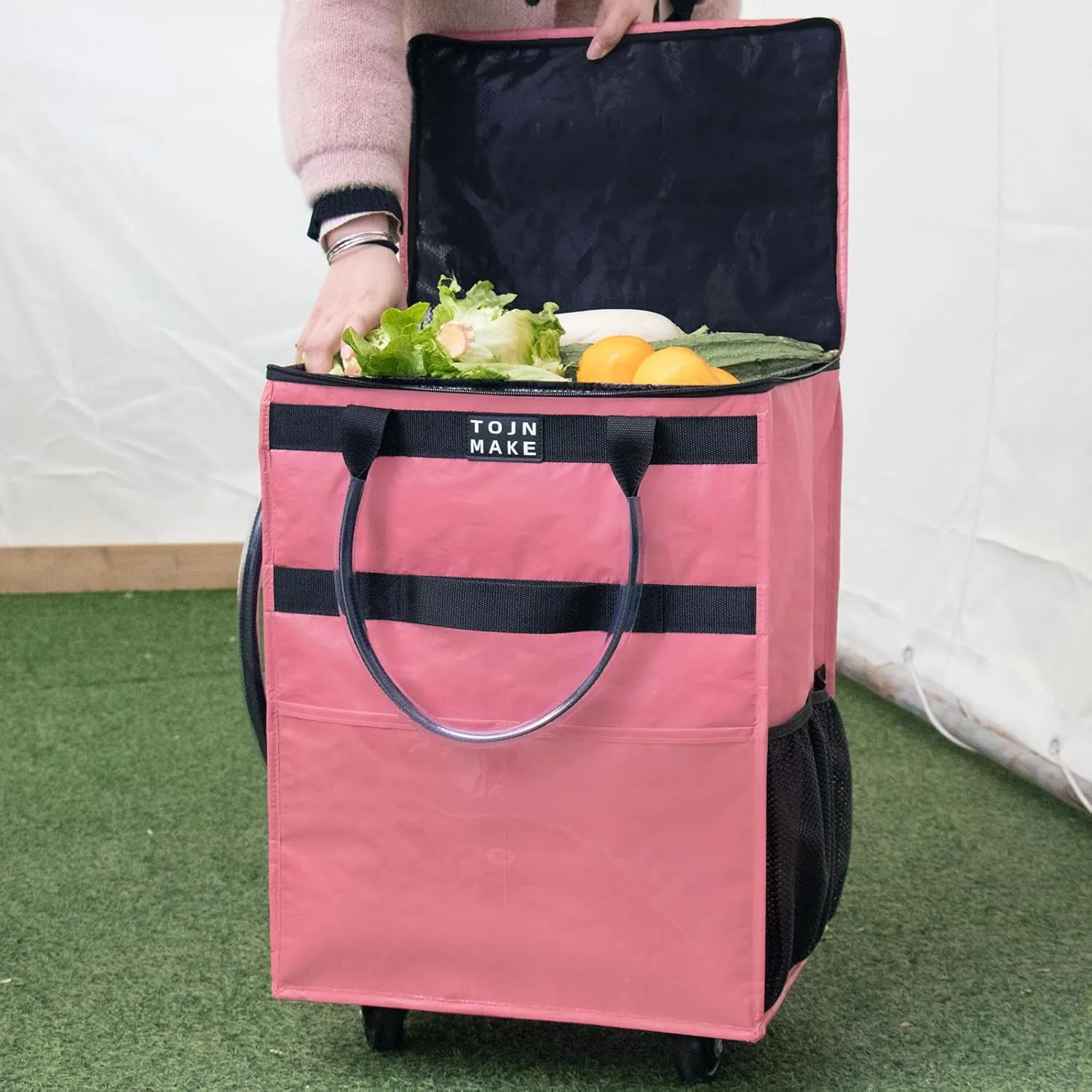 Reusable Grocery Bag On Wheels Shopping Trolley with 8 Pockets and Zipper Cover Foldable Rolling Tote, Heavy Duty Handles, Carries Up to 66 LBS (Large, Pink)